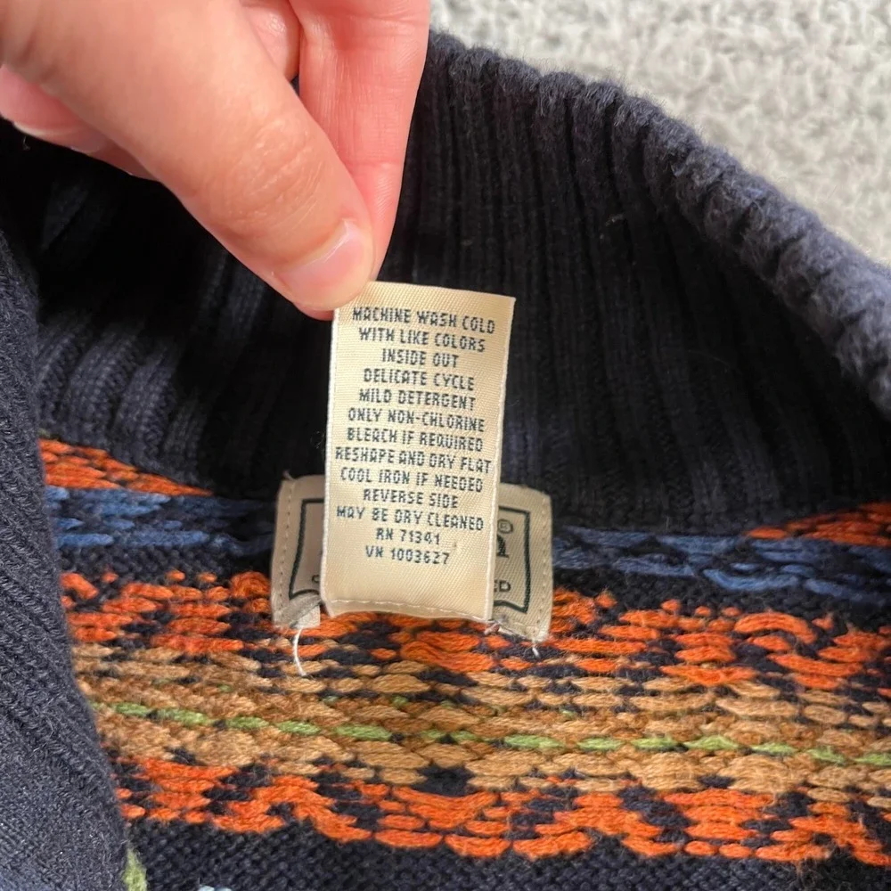 LL Bean Mens Size Large Fair‎ Isle 1/4 Zip Pullover Cotton Sweater Navy Multi